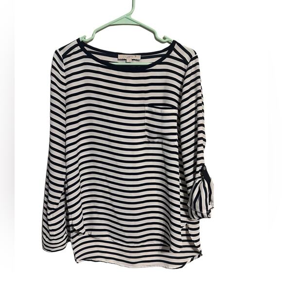 Loft Size Small Navy and White Stripe Lightweight Blouse Roll Tab Sleeve - Picture 1 of 6